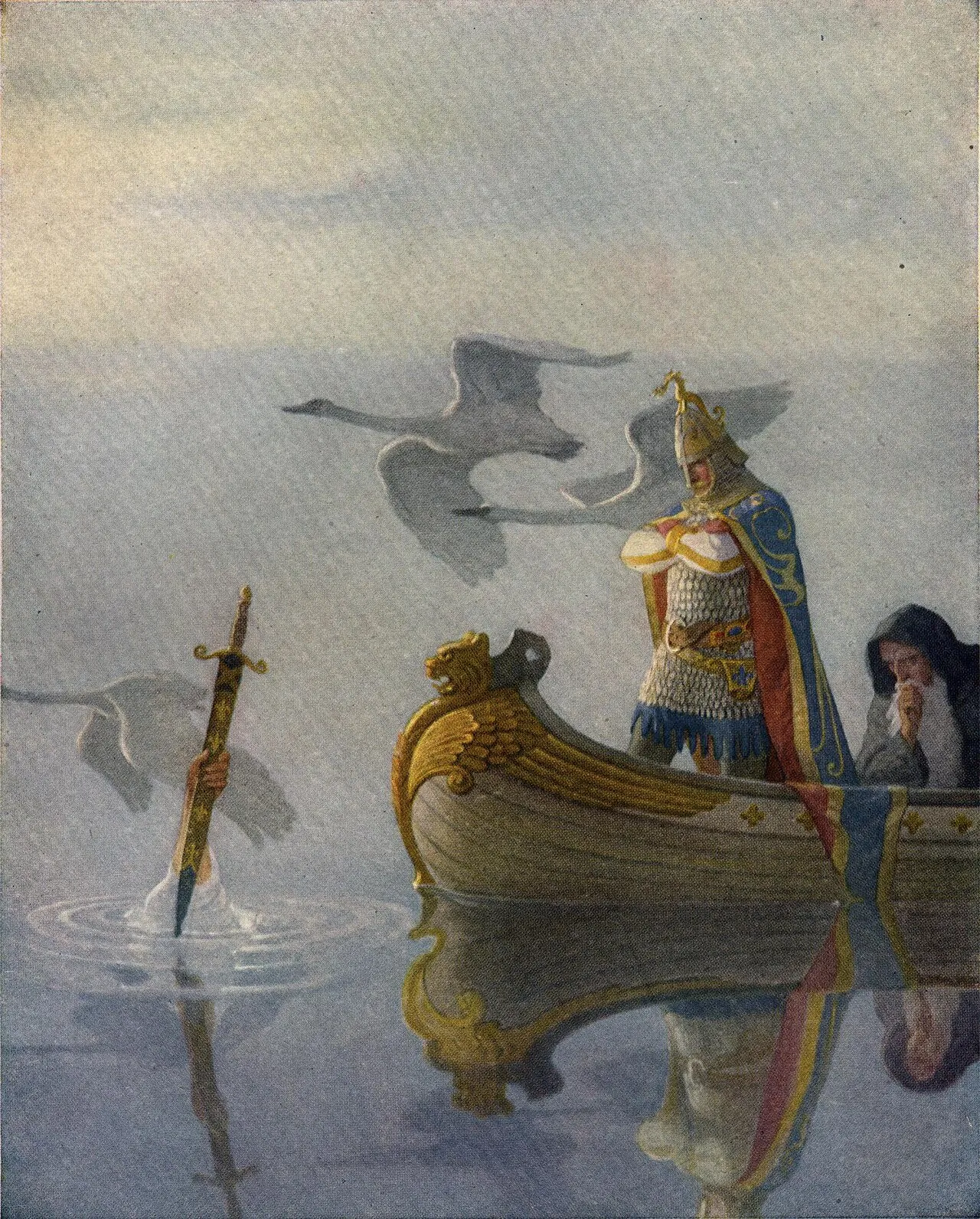 Ilustração de um rei de armadura num barco, ao lado de um homem encapuzado, enquanto uma mão ergue uma espada da água entre cisnes