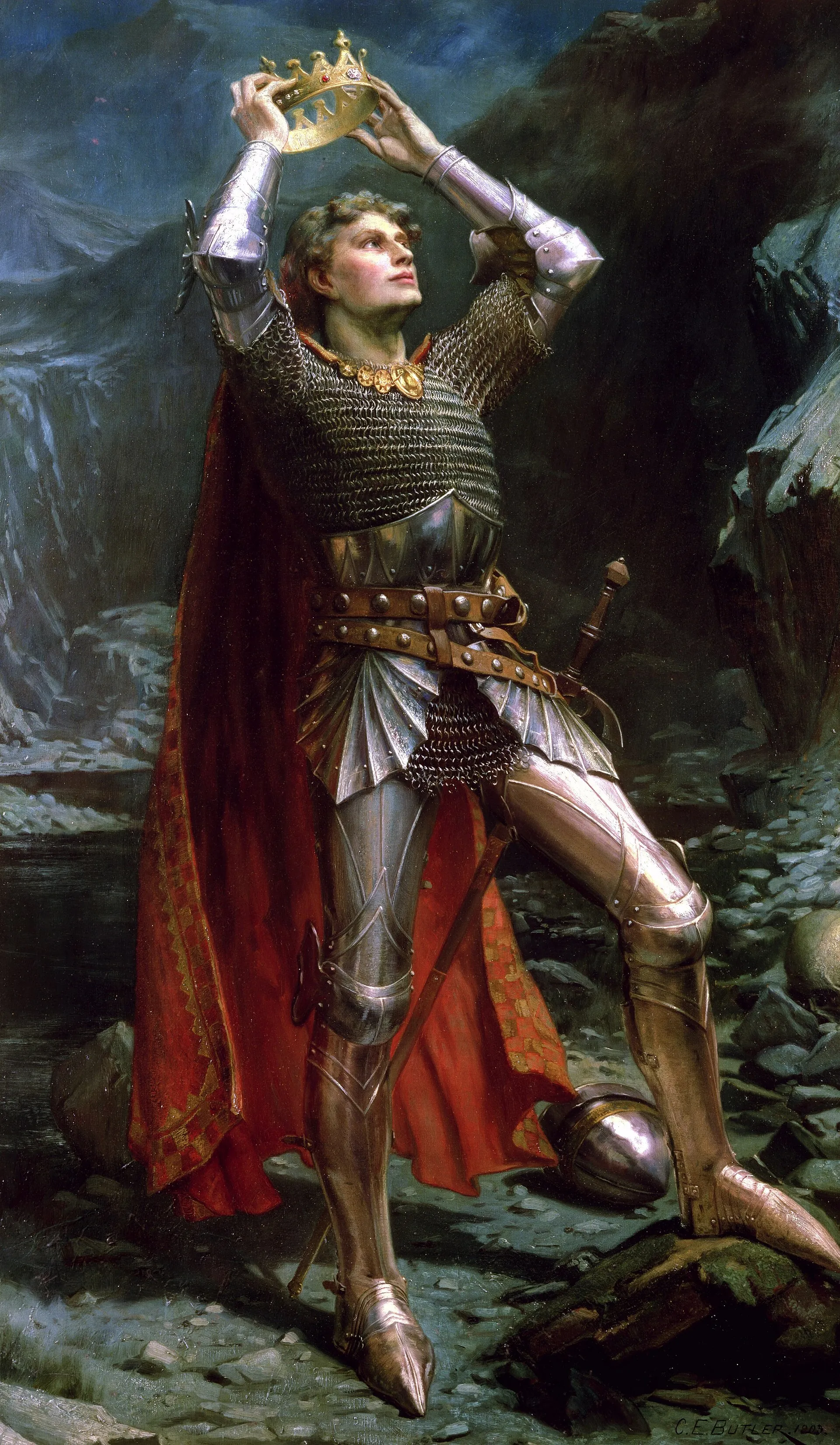 Pintura de Arthur jovem, em armadura de malha e capa vermelha, erguendo uma coroa de ouro sobre a cabeça diante de uma paisagem rochosa
