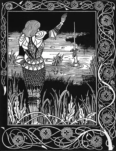 Gravura em preto e branco de Sir Bedivere à beira de um lago, de costas, tendo lançado Excalibur; uma mão emerge da água para segurar a espada