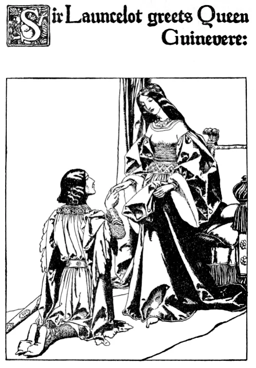 Ilustração em preto e branco de Lancelot ajoelhado diante de Guinevere sentada, com a legenda Sir Launcelot greets Queen Guinevere